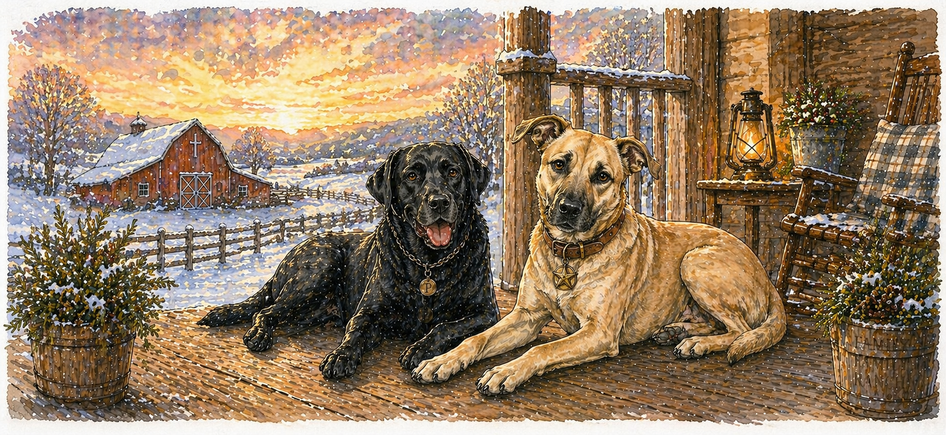 Trixie and puck on the front porch