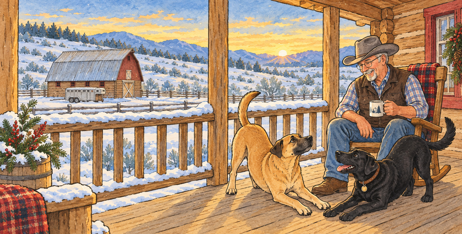 Trixie on the front porch with Al & Puck